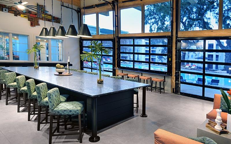 a large kitchen with a large island